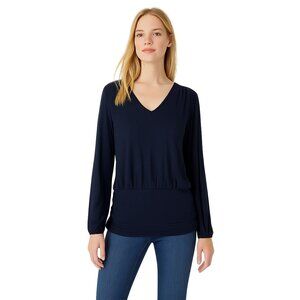 NWT White House Black Market Long Sleeve V Neck Banded Top Black L #WHBM39